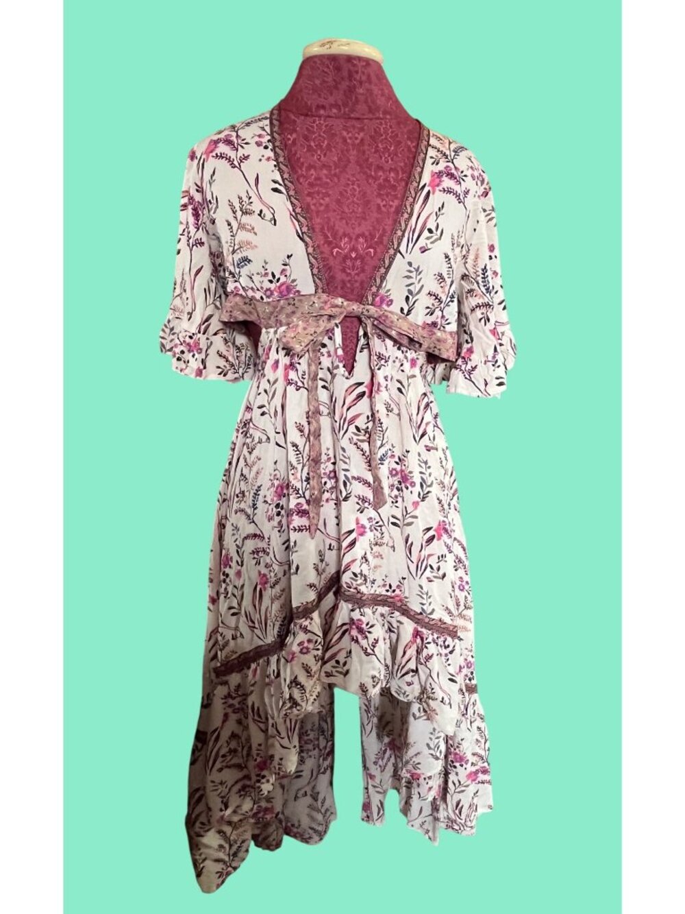 Floral High-Low Wrap Dress With Ruffle Hem Bell Sleeves & Tie Waist Beige & Pink - Picture 7 of 11